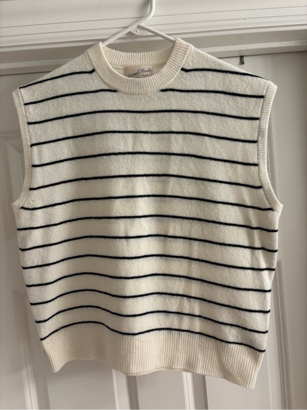 Women's Cream Stripe Knit Sleeveless Sweater Vest